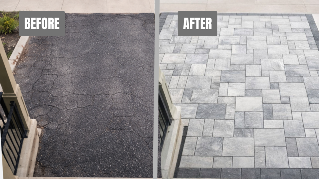 Home Interlock and concrete driveway before and after in Kleinburg by Inter leaf Paving & Concrete