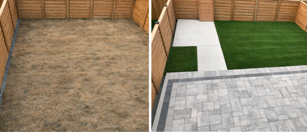 Before and after interlock patio and concrete walkway installation in Vaughan by Inter Leaf Paving & Concrete
