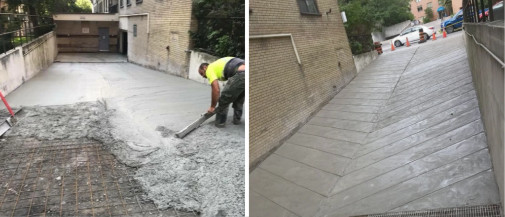 Before and after concrete ramp installation in Vaughan showing pouring and finished surface by Inter Leaf Paving & Concrete
